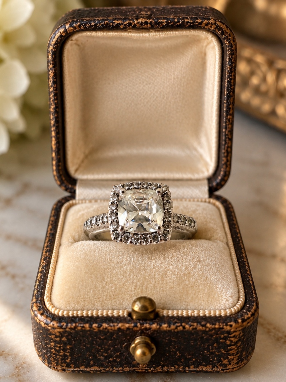 Tacori IV Diamonique Cushion Cut Halo Platinum Clad Sterling Silver Ring Vintage